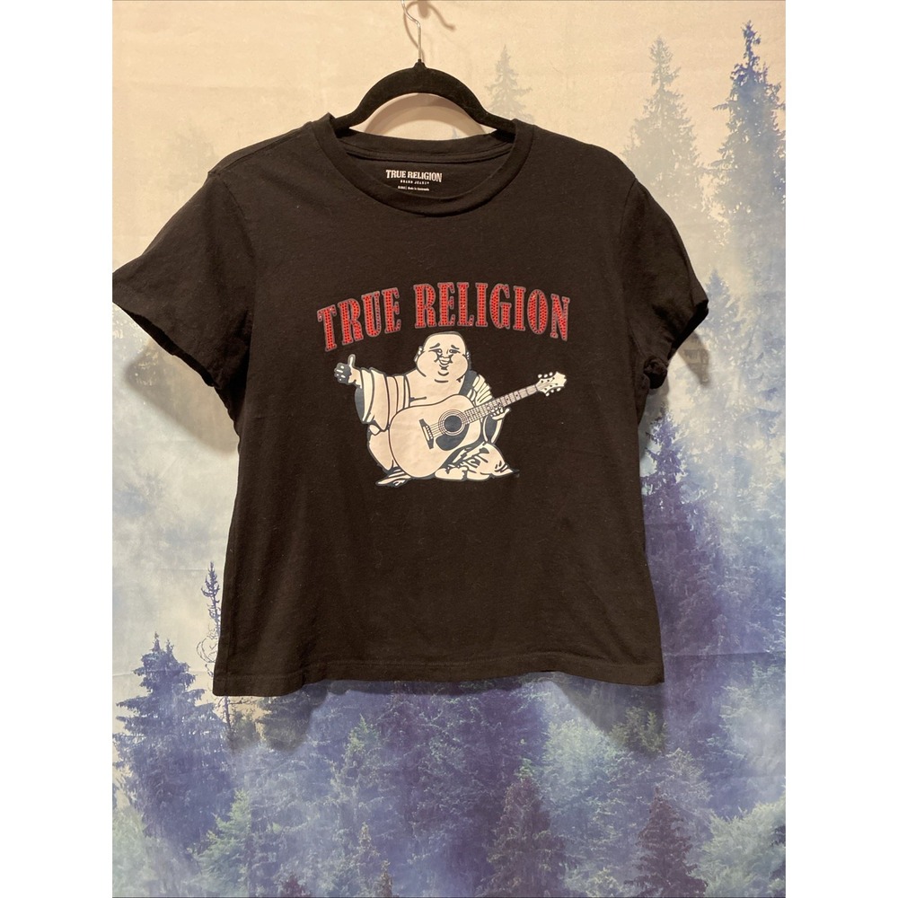 TRUE‎ RELIGION Womens Black Buddha Guitar Graphic T-Shirt Size XL